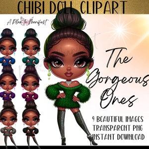 African American Chibi Doll Clipart  Chibi Digital Stickers Melanin Chibi Digi Doll Bundle for POD, Chibi Journal Cover, Planner Dashboard