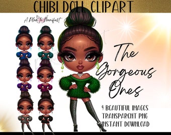 African American Chibi Doll Clipart  Chibi Digital Stickers Melanin Chibi Digi Doll Bundle for POD, Chibi Journal Cover, Planner Dashboard