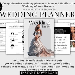 May include: A wedding planner with a minimalist design. The cover features a bride in a white wedding dress holding a bouquet of flowers. The planner includes 185 hyperlinked pages, manifestation worksheets, wedding affirmations, hashtags, and a list of African American wedding traditions.