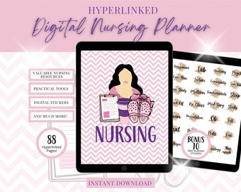 Könnte beinhalten: Ein digitaler Planer für Krankenpflegeschüler mit einem rosa und violetten Farbschema. Der Planer zeigt eine Cartoon-Illustration einer Frau mit einer Kaffeetasse, einem Notizbuch und einem Paar rosa und violetten Schuhen. Der Text "NURSING" ist in violetten Buchstaben geschrieben. Der Planer enthält 88 hyperverlinkte Seiten und 10 kostenlose Krankenpflegesticker.