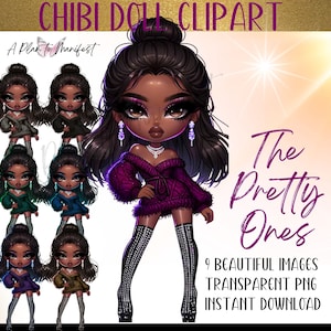 Glam Chibi Doll Clipart Digital Stickers Glam Clipart Digi Doll Bundle, Glamour Planner Dashboard Cute Black Chibi Girl Clipart