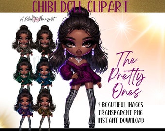 Glam Chibi Doll Clipart Digital Stickers Glam Clipart Digi Doll Bundle, Glamour Planner Dashboard Cute Black Chibi Girl Clipart