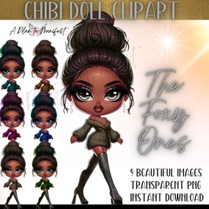 Cute Chibi Doll Clipart Digital Stickers for Planner Digi Doll Bundle, Glamour Dashboard Printable Chibi Dolls, Black Cartoon Dolls