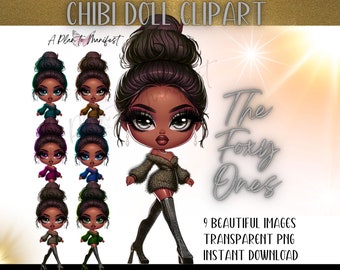 Cute Chibi Doll Clipart Digital Stickers for Planner Digi Doll Bundle, Glamour Dashboard Printable Chibi Dolls, Black Cartoon Dolls