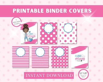 May include: Seven printable binder covers featuring a pink and white polka dot pattern, a pink and white striped pattern, a pink and white chevron pattern, a pink and white heart pattern, a pink brushstroke design, and two covers with a cartoon illustration of a Black woman wearing a blue nurse uniform and a stethoscope. The text "I Love Nursing" is featured on two of the covers.