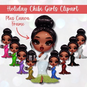 Canva Frame Digi Doll, Black Chibi Christmas Clip Art, Fashion Dolls, Fashion Clipart Bundle African American Chibi Christmas Clipart PNG