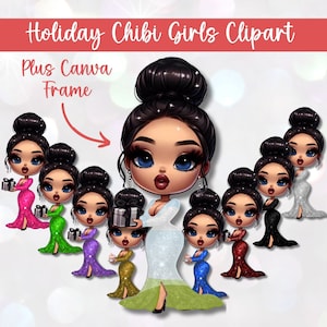 Clipart Noël Chibi, poupées Chibi mode, cadre en toile Digi Doll Fashion Chibi Clipart Bundle