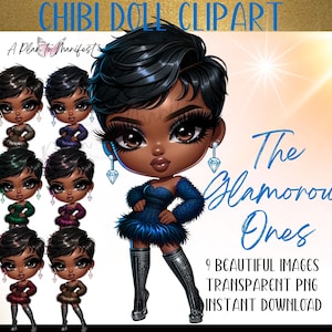Glam Chibi Doll Clipart Pegatinas digitales Glam Clipart Digi Doll Bundle Planner Dashboard Glamour Pegatinas digitales Black Girl Glam Clipart