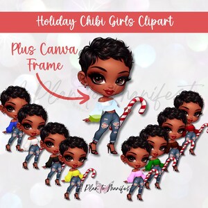 Black Chibi Christmas Clip Art, Fashion Chibi Dolls, Canva Frame Digi Doll Fashion Chibi Clipart Bundle Black Woman PNG Fichier de sublimation