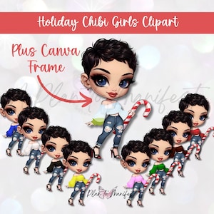Clipart Noël Chibi, poupées Chibi mode, cadre en toile Digi Doll Fashion Chibi Clipart Bundle