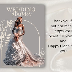 Pode incluir: Uma capa de planejador de casamento com fundo cinza e design floral branco. A capa apresenta uma noiva com um vestido de noiva branco e um buqu&ecirc; de flores. O texto "WEDDING planner" est&aacute; no topo da capa. O texto "Thank you for your purchase, enjoy your beautiful planner, and Happy Planning to you!" est&aacute; no lado direito da capa.