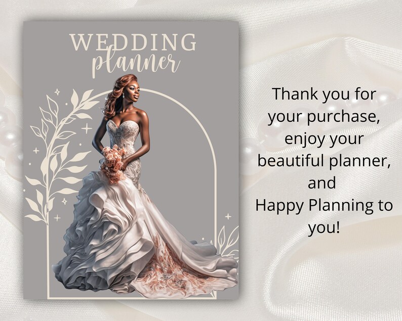 Pode incluir: Uma capa de planejador de casamento com fundo cinza e design floral branco. A capa apresenta uma noiva com um vestido de noiva branco e um buqu&ecirc; de flores. O texto "WEDDING planner" est&aacute; no topo da capa. O texto "Thank you for your purchase, enjoy your beautiful planner, and Happy Planning to you!" est&aacute; no lado direito da capa.