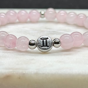 Rose Quartz Crystal Bracelet with Gemini Zodiac Sign