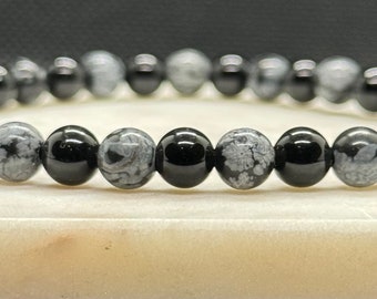Black Obsidian, Snowflake Obsidian Crystal Bracelet - Gemstone Beaded Bracelet - Protection Bracelet - Handmade Jewelry - Gifts for Him