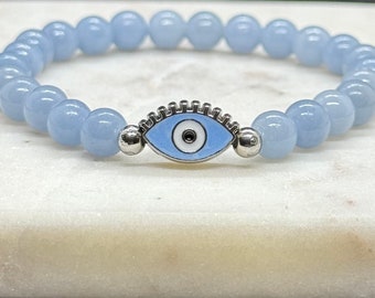 Angelit Kristall Armband mit Evil Eye Anhänger