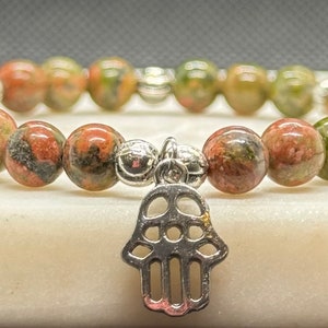 Unakite Crystal Bracelet - Natural Gemstone Beaded Bracelet - Chakra Bracelet - Handmade Jewelry - Gifts for Her - Hamsa Charm Bracelet