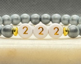222 Angel Number Bracelet: Hematite Crystal Beads, Gold Accent Beads