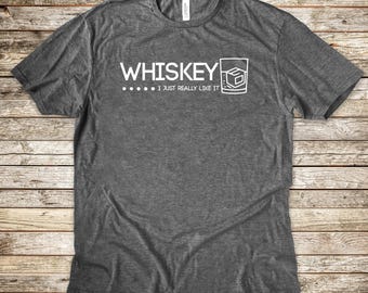 Puede incluir: Camiseta gris oscuro con la palabra "WHISKEY" en blanco, la frase "I JUST REALLY LIKE IT" y un dibujo de un vaso de whisky. La camiseta es de un material suave y tiene cuello redondo.