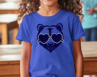 Cartoon Bear Kids T-Shirt: Heart Sunglasses, Back to School Tee