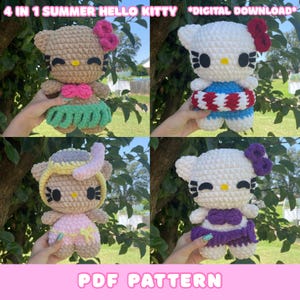 Può includere: Un collage di quattro bambole Hello Kitty all'uncinetto in tenute estive. Le bambole sono in vari colori, tra cui beige, bianco, rosa e blu, con accessori come una collana di fiori, un salvagente e un costume da bagno. Il testo in alto recita "4 IN 1 SUMMER HELLO KITTY *DOWNLOAD DIGITALE*".