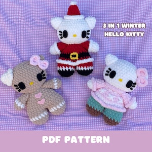 May include: Three crocheted Hello Kitty plush toys in different winter outfits. The first is dressed as Santa Claus, the second is a gingerbread person, and the third is wearing a pink sweater and green pants. The image includes the text "3 in 1 Winter Hello Kitty" and "PDF Pattern".