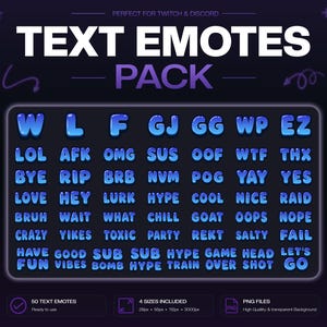 Op de afbeelding: Een digitale collectie van 50 blauwe, glanzende tekst-emotes in bubbelstijl, gerangschikt in een raster. De tekst bevat uitdrukkingen zoals W, L, F, GJ, GG, WP, EZ, LOL, AFK, OMG, SUS, OOF, WTF, THX, BYE, RIP, BRB, NVM, POG, YAY, YES, LOVE, HEY, LURK, HYPE, COOL, NICE, RAID, BRUH, WAIT, WHAT, CHILL, GOAT, OOPS, NOPE, CRAZY, YIKES, TOXIC, PARTY, REKT, SALTY, FAIL, HAVE, GOOD, SUB, SUB, HYPE, GAME, HEAD, LET'S, GO, FUN, VIBES, BOMB, HYPE, TRAIN, OVER, SHOT.