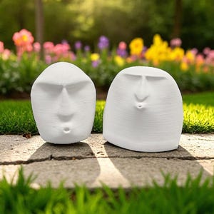 Minimalist oof Moai 3D Printed Face Sculptures – Modern Abstract Moai-Inspired Home Decor Set of 2