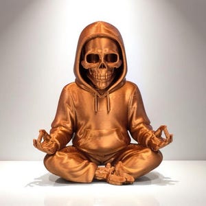 Meditating Grim Reaper Figurine – 3D Printed Skull in Hoodie – 4&quot; Gothic Skeleton Statue – Zen Skeleton Decor – Multiple Colors Available