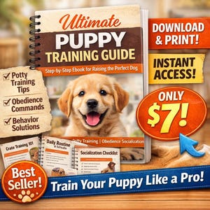 May include: The cover of a spiral-bound book titled "Ultimate Puppy Training Guide" features a smiling golden retriever puppy. The book promises potty training tips, obedience commands, and behavior solutions. Additional text includes "Download & Print!" and "Instant Access!"