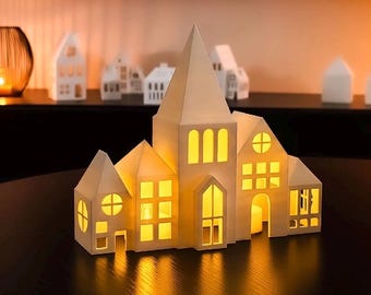 Christmas Village House Lantern | Church Tealight Holder | LED Candle Decor | Holiday Centerpiece