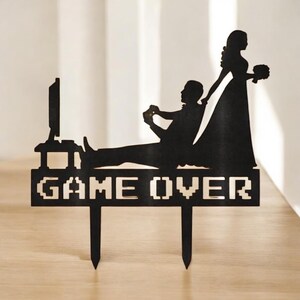 Funny "Game Over" Wedding Cake Topper | Gamer Groom & Bride Silhouette | Geek Wedding Decoration | Gamer Wedding Topper Bachelor Party Decor