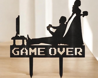 Gamer Wedding Cake Topper | "Game Over" Bride Groom Silhouette, Geek Decor