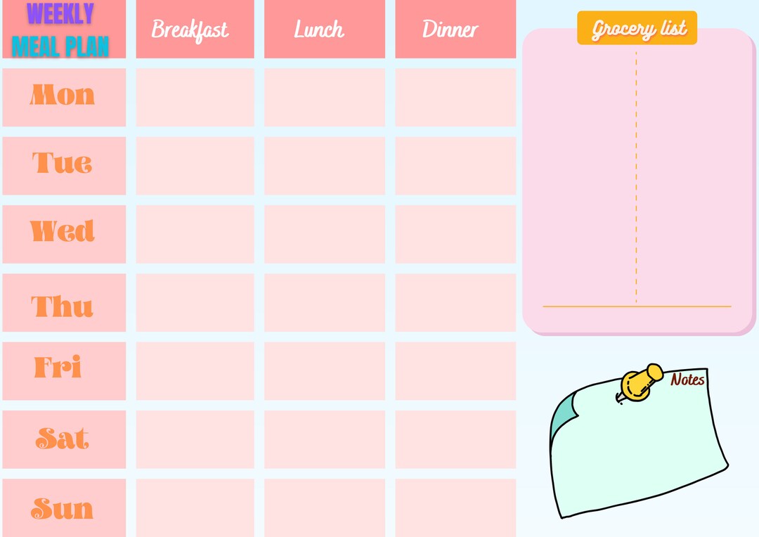 Weekly Meal Planner With Grocery List Printable Template, 7 Day Menu ...