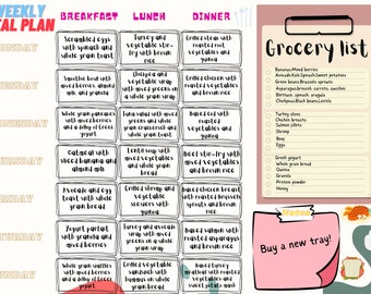 Planificador de comidas semanal imprimible, plan de menú de 7 días con lista de compras, seguimiento de comidas, diario de alimentos, cuidado personal, seguimiento de hábitos, descarga instantánea