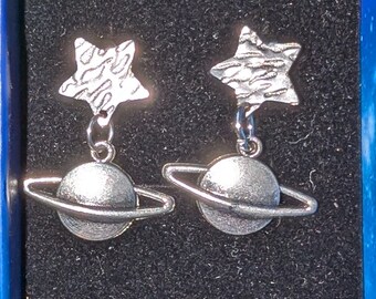 Orecchini Saturno Asimmetrici In Argento Sterling Con Inserti In Conchiglia Abalone, Gioielli Donna A Tema Spazio - 2
