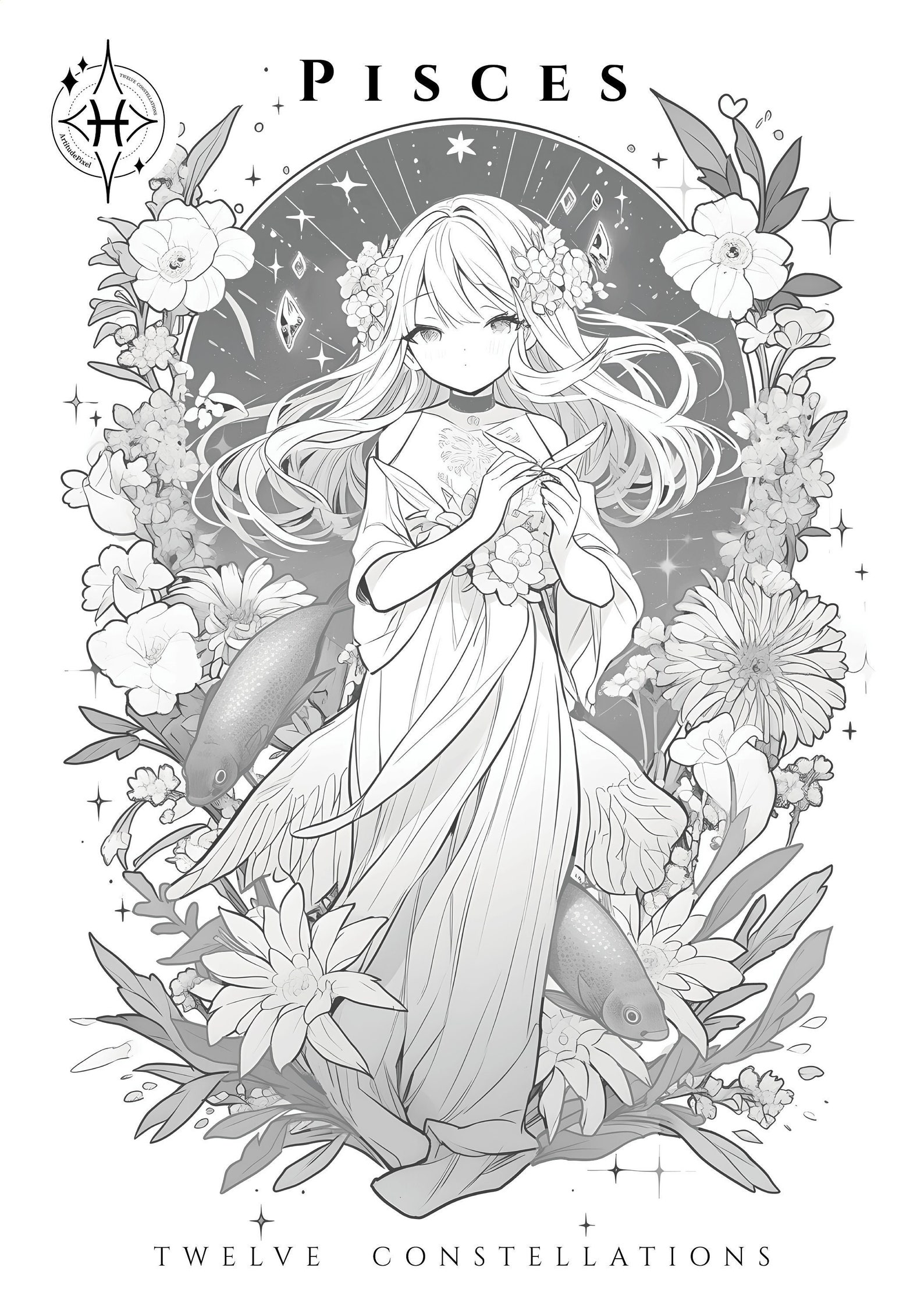 Digital Coloring Page, Animeinspired Pisces, High Resolution, Suitable
