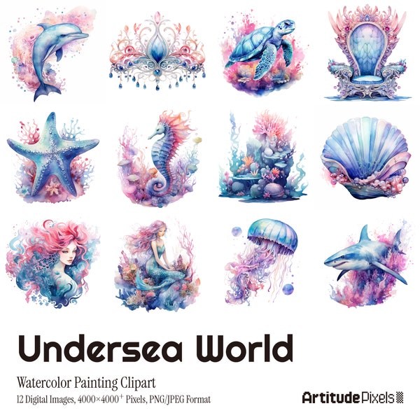 Undersea World Clipart - 12 High-Quality Watercolor JPGs, Premade for Designers, Planner, Scrapbook, Journal, Commercial Use, Digital