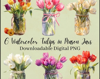 Watercolor Spring Tulips in a Mason Jar, Transparent Clipart Bundle, Digital PNG Download, Set of 6 Floral/Flower Bouquet, Commercial Use