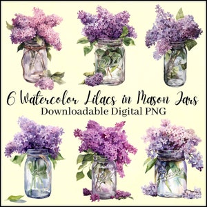 Acuarela PNG lilas en tarro de albañil, imágenes prediseñadas digitales transparentes, descarga de ramo de sublimación floral de primavera. Paquete de flores, uso comercial