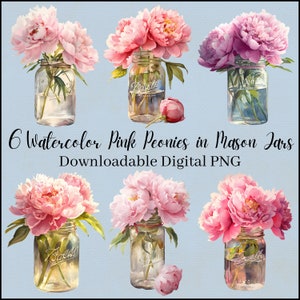 Aquarel roze pioenrozen Mason Jar transparante clipart, digitale PNG downloaden, set van 6 bloemen/bloemboeket om te downloaden, commercieel gebruik