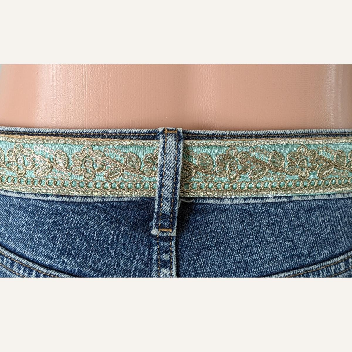 Jacquard Ribbon Belt. Teal & Gold Fabric Floral Jeans Belt  display picture 1