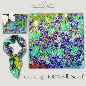 Pañuelo Van Gogh Irises 100% seda morera con caja de regalo y tarjeta. Pañuelo cuadrado grande con flores verdes para cuello y cabeza. Chal con estampado de pintura al óleo de flores de iris.