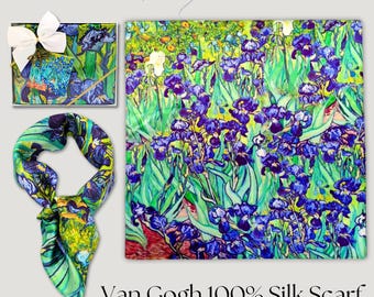 Van Gogh Irises 100% Mulberry Silk Scarf w/Gift Box&Card.Large Square Green Floral Scarf for Neck/Head. Iris Flower Oil Painting Print Shawl