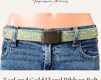Jacquard Ribbon Belt. Teal & Gold Fabric Floral Jeans Belt. Unique Flower/Vine Patterned Boho Cotton Belt for Women Teen Girls. Brass Buckle