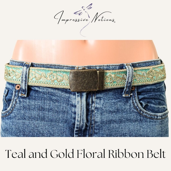 Jacquard Ribbon Belt. Teal & Gold Fabric Floral Jeans Belt  display picture 1