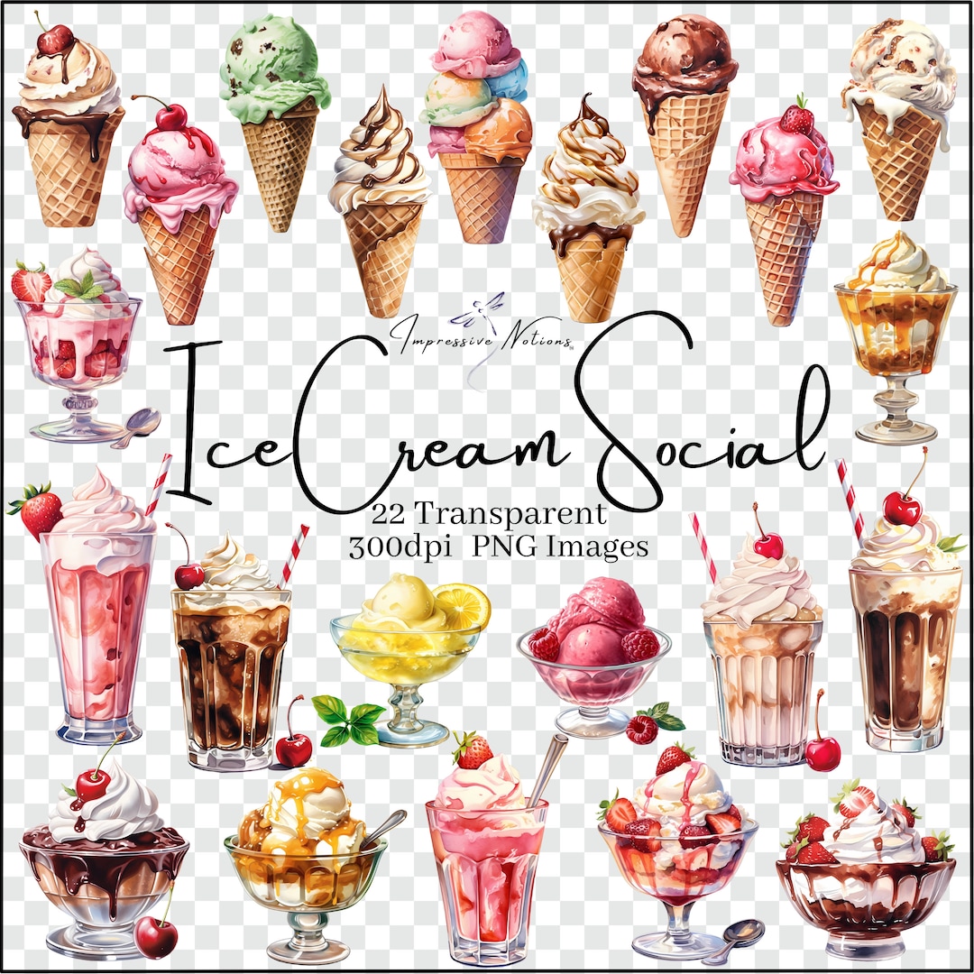 Ice Cream Social Watercolor Clip Art Elements, Transparent Digital PNG