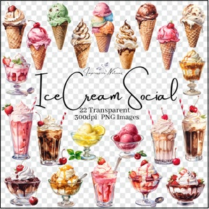 Eis Social Aquarell Clip Art Elemente, transparente digitale PNG Download Bundle Set kommerzielle Nutzung. Desserts, Zapfen, Eisbecher, Sorbet