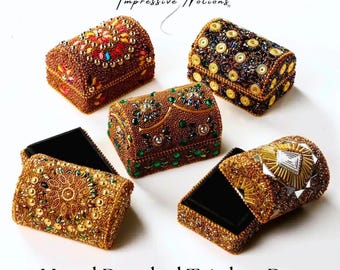 Small Beaded Trinket Box. Mini Gold Treasure Chest Christmas Ornament. Ring/Money/Jewelry Holder Gift for Her. Bejeweled Keepsake Present