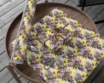 Watercolor Lilac, Eco-Friendly Gift Wrapping Paper. Custom Designed Floral Present Wrap. Yellow & Purple Flower Craft Paper Birthday, Shower
