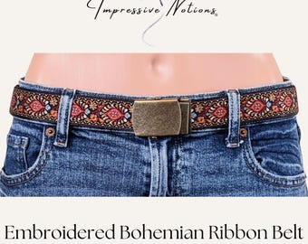 Jacquard Ribbon Belt. Teal & Gold Fabric Floral Jeans Belt  display picture 1
